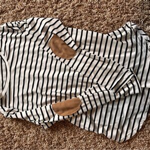 H&M Black and White Striped Blouse with Brown Elbow Patches